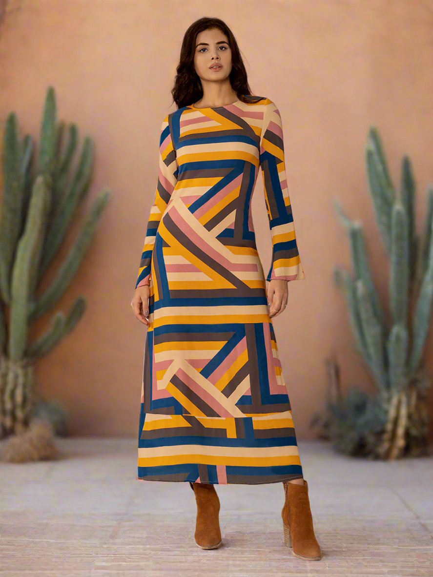 Multicolor Geometric Flare Sleeve Midi Dress