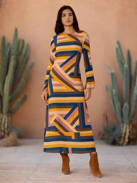 Multicolor Geometric Flare Sleeve Midi Dress