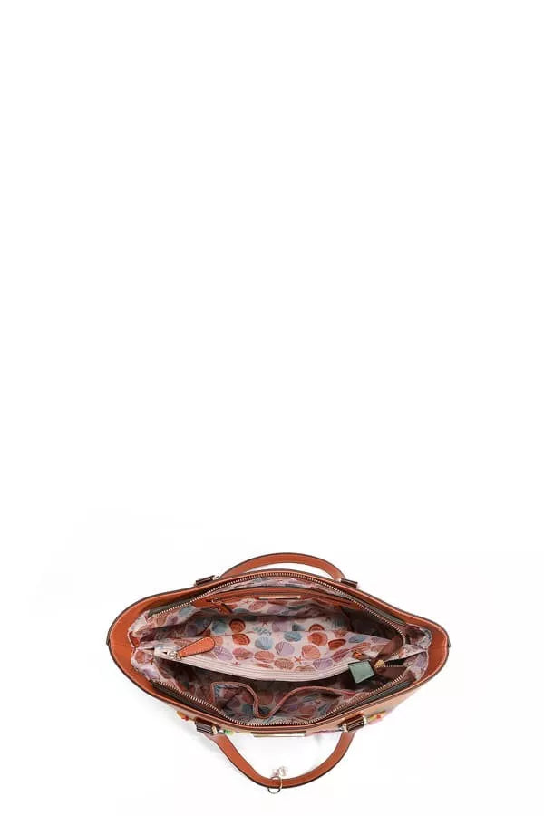 Brown handbag with floral lining on a white background