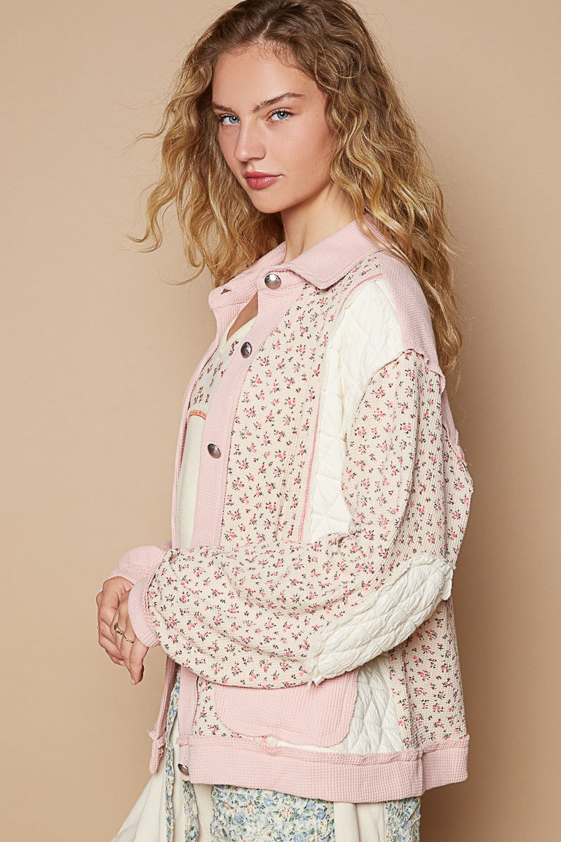 Pink Floral Button Up Quilted Jacket