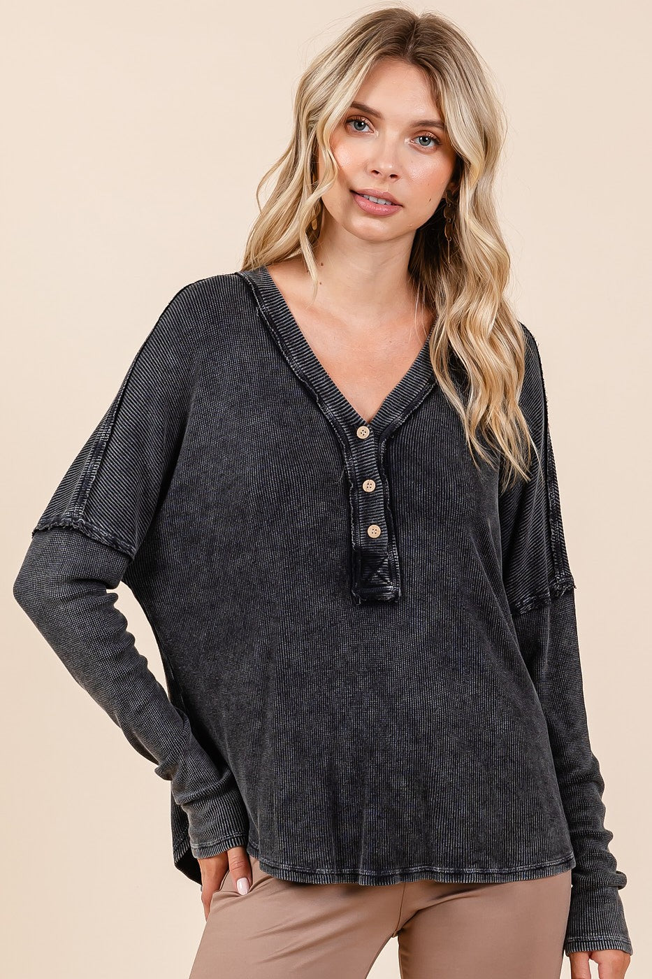 Washed V-Neck Long Sleeve Blouse in Charcoal