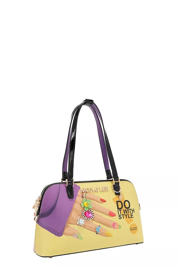 Handbag with colorful design and text on a white background