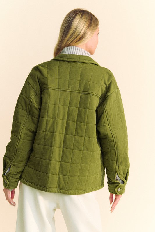 Yellow-Green Quilted Button Down Shacket