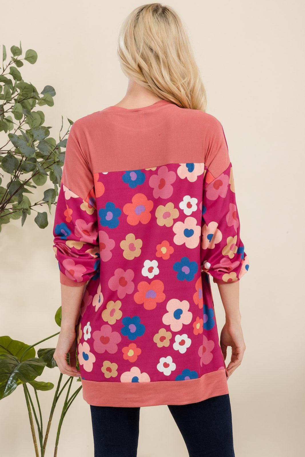 Flower Print Long Sleeve Tunic Top in Fuchsia