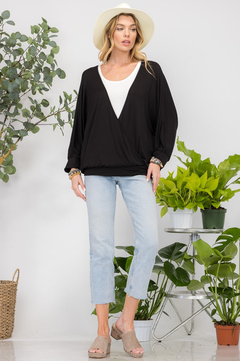 Black Layered Look Dolman Sleeve Top