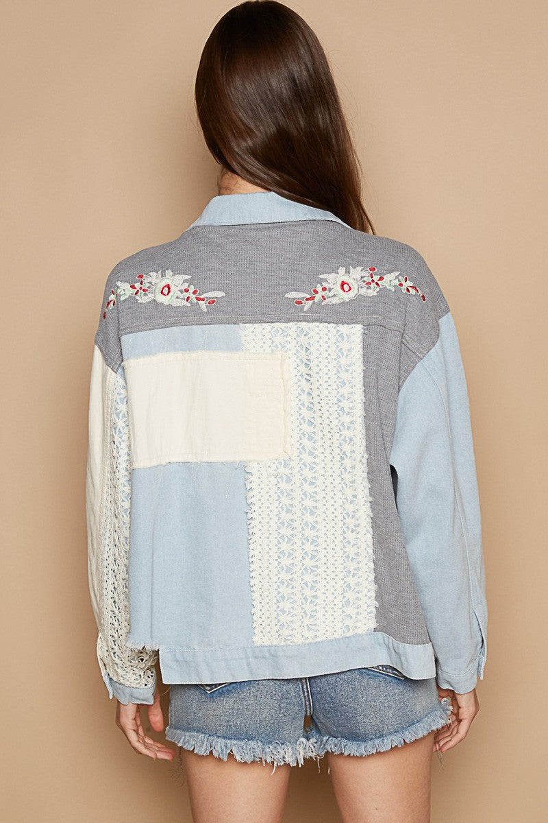 Denim Blue Crochet Embroidered Shacket