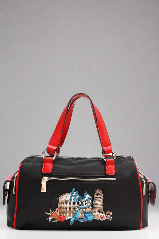 Black handbag with red handles and Italian landmarks design on a white background
