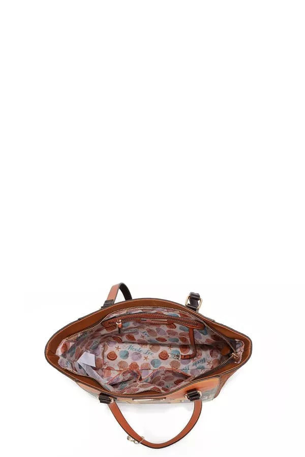 Brown leather handbag with floral interior lining on a white background