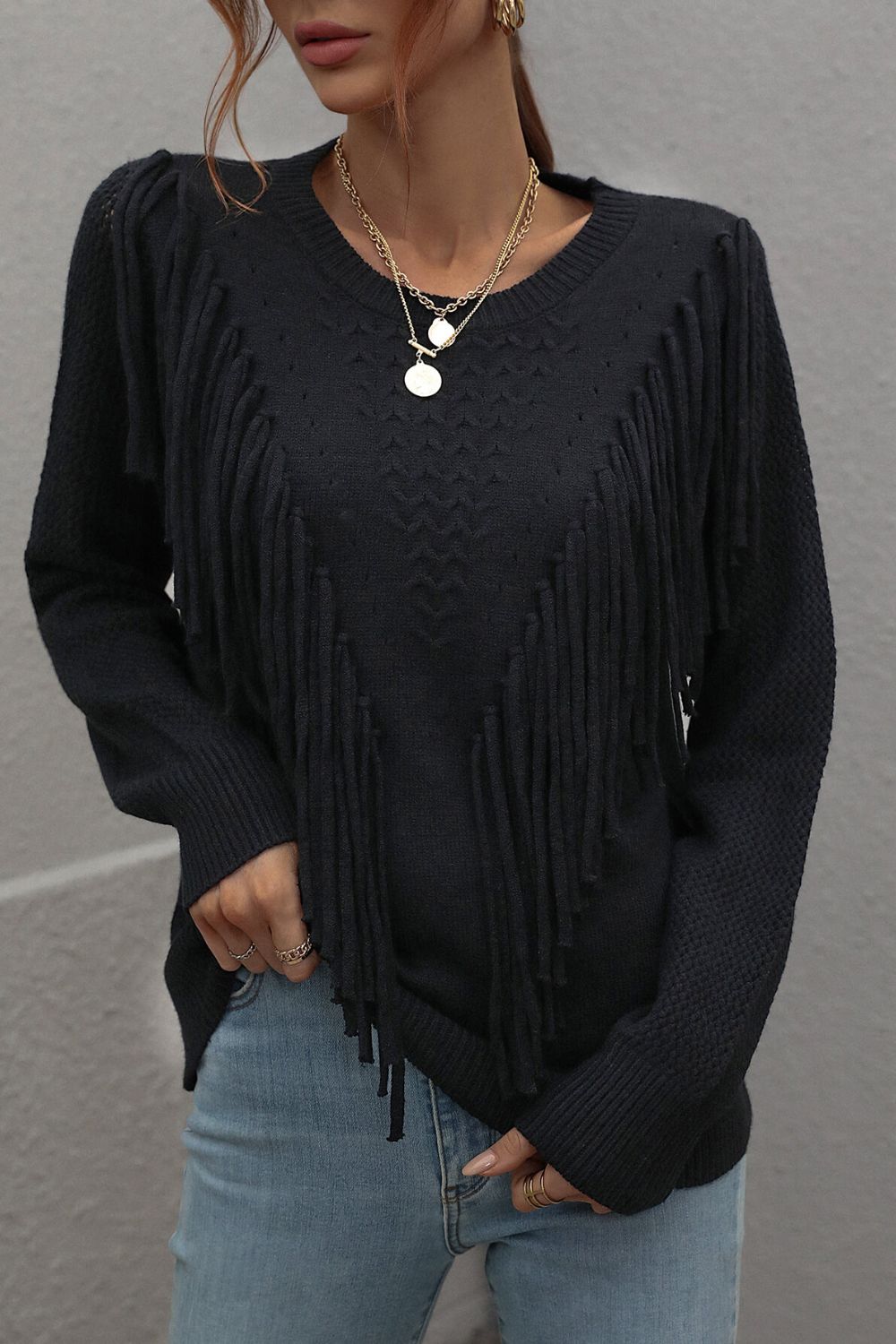 Fringe Detail Long Sleeve Sweater