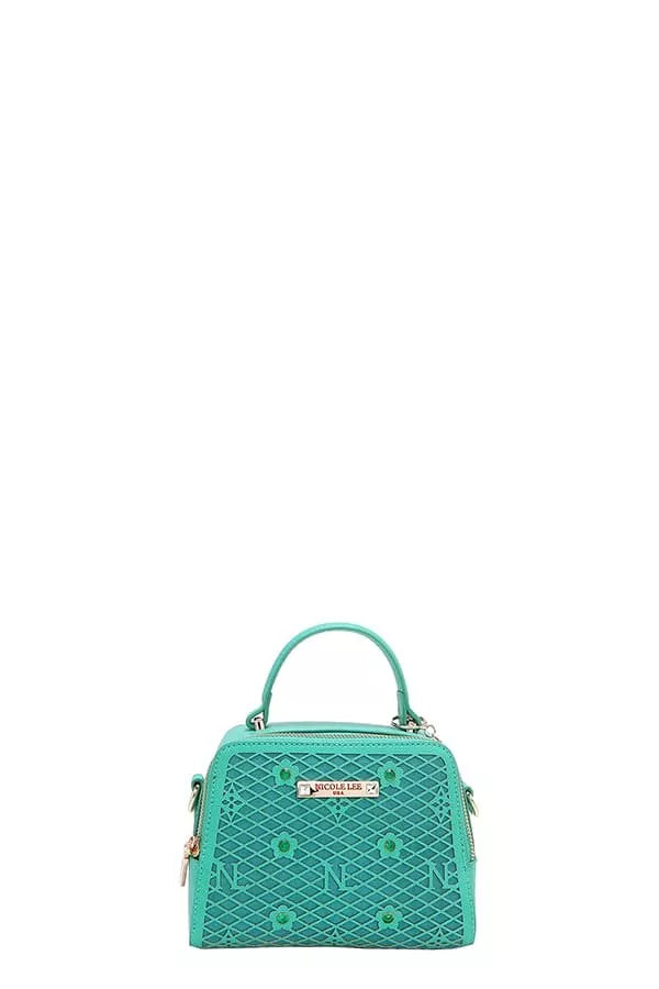 Green handbag with a pattern on a white background