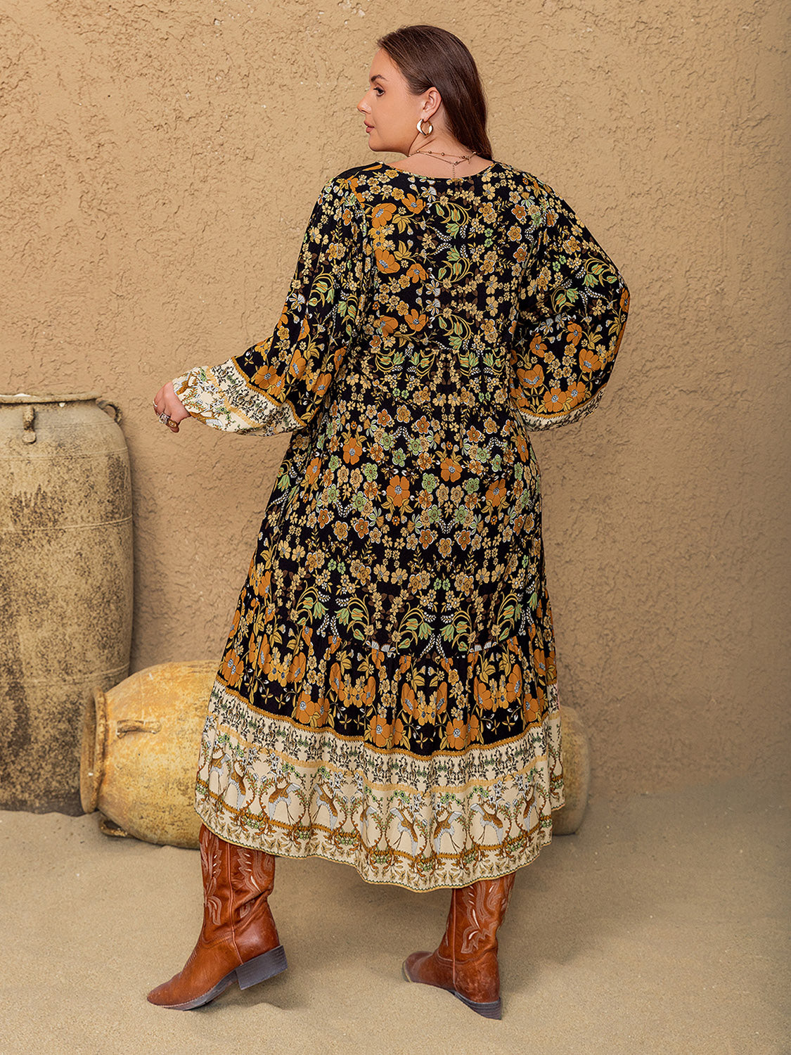 Plus Size Floral V-Neck Long Sleeve Midi Dress