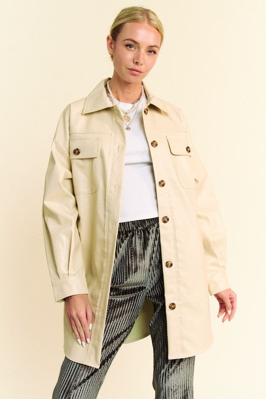 Beige Vegan Leather Button Up Jacket