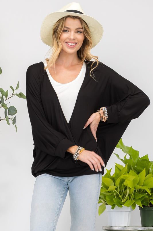 Black Layered Look Dolman Sleeve Top