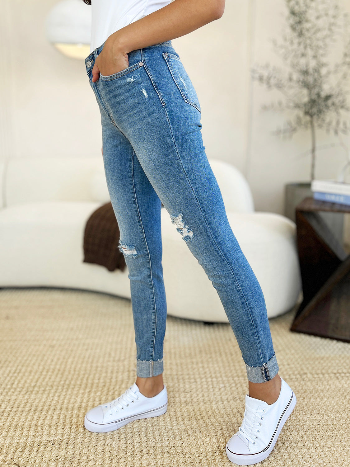 Medium Wash Mid Rise Destroyed Cuffed Skinny Jeans