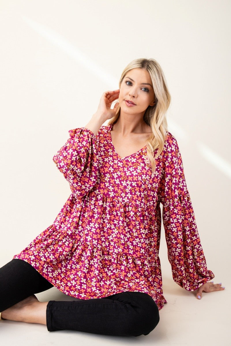 Floral V-Neck Babydoll Blouse in Magenta