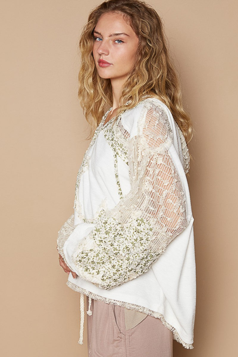 Star Patch Lace Sleeve Hooded Top in Ivory