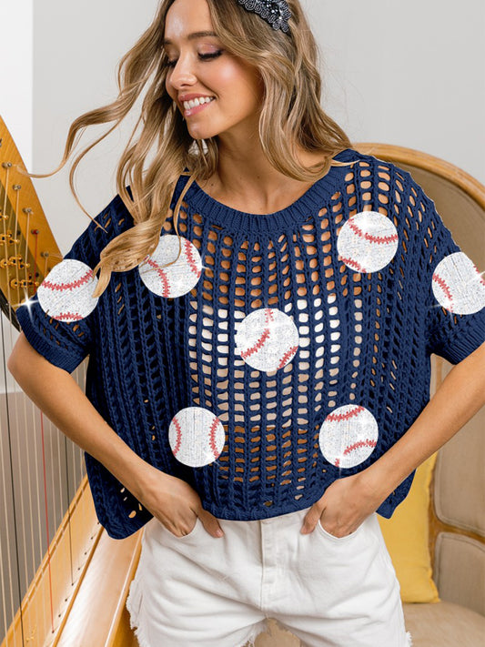 Sequin Baseball Patches Short Sleeve Mesh Top in Navy