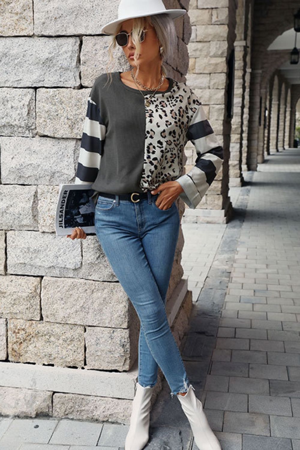 Gray Leopard Striped Long Sleeve Tee