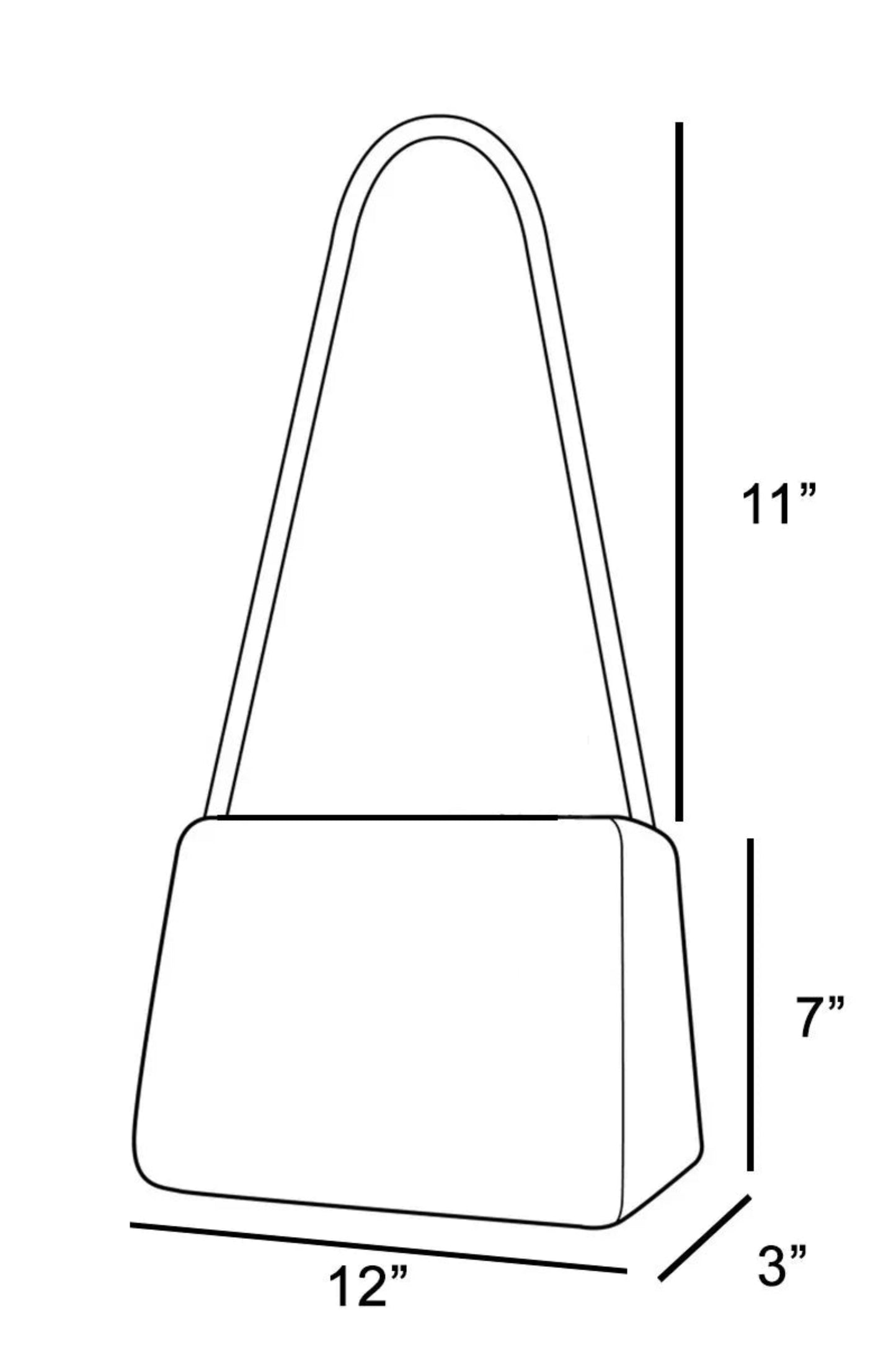 Line drawing of a handbag with dimensions labeled