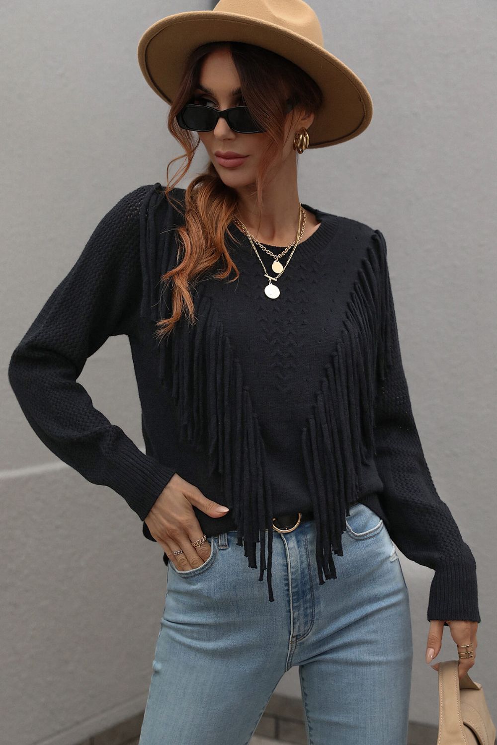 Fringe Detail Long Sleeve Sweater