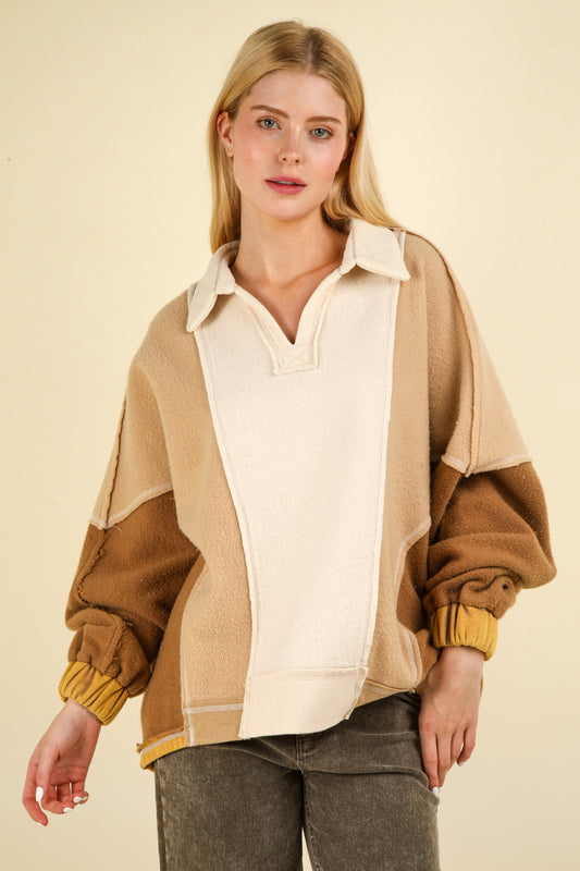 Color Block Johnny Collar French Terry Sweatshirt in Taupe