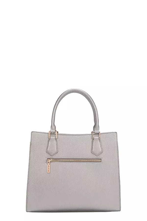 Gray handbag with a gold zipper on a white background