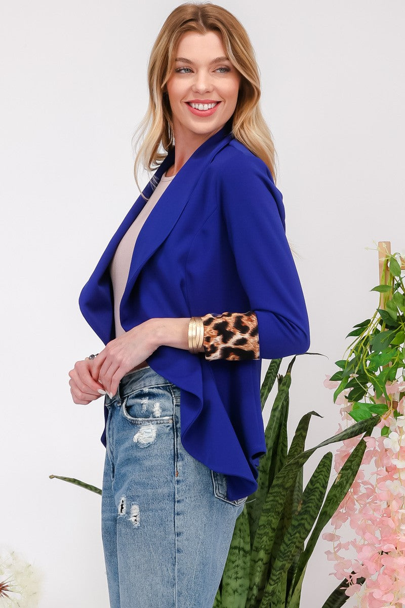 Royal Blue Leopard Cuff Open Front Blazer