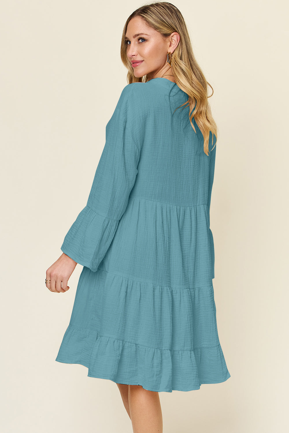 Textured Button Up Ruffle Hem Knee-Length Dress