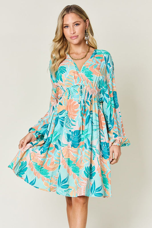 Floral Print V-Neck Drawstring Knee-Length Dress in Turquoise