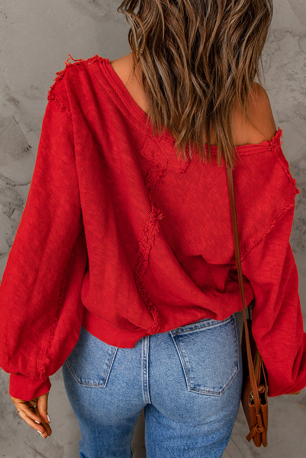 Red Button Front Frayed Trim Knit Top