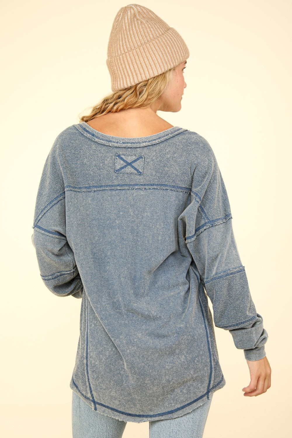 Washed V-Neck Exposed Seams Top in Denim Blue