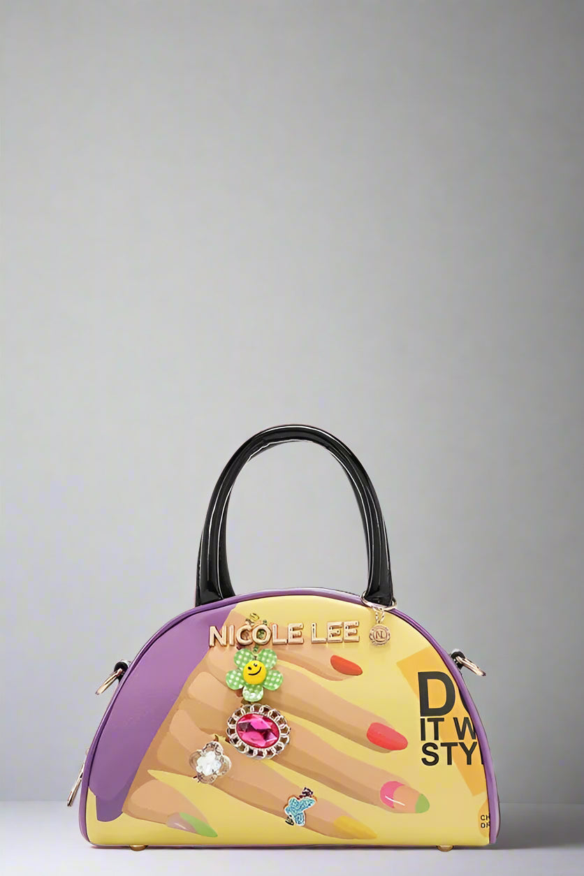 Colorful handbag with decorative elements and 'Nicole Lee' branding on a white background
