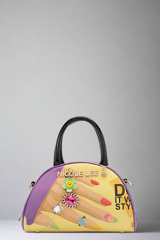Colorful handbag with decorative elements and 'Nicole Lee' branding on a white background