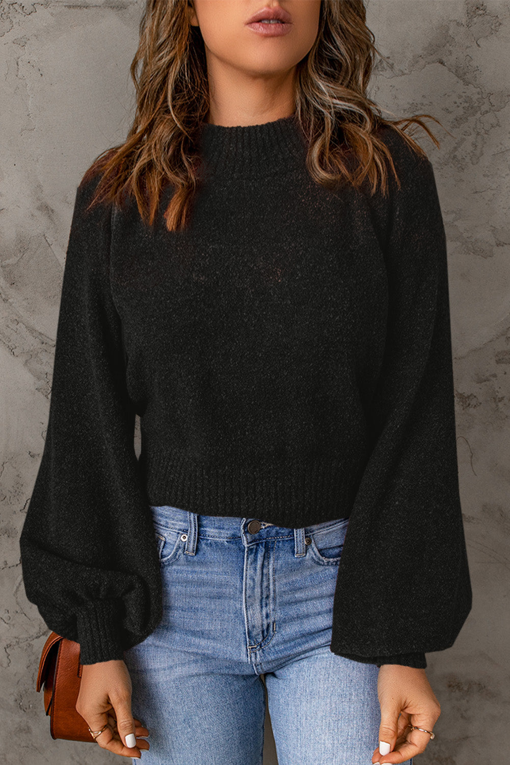 Rib Knit Trim Balloon Sleeve Sweater