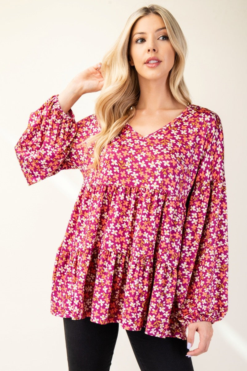 Floral V-Neck Babydoll Blouse in Magenta