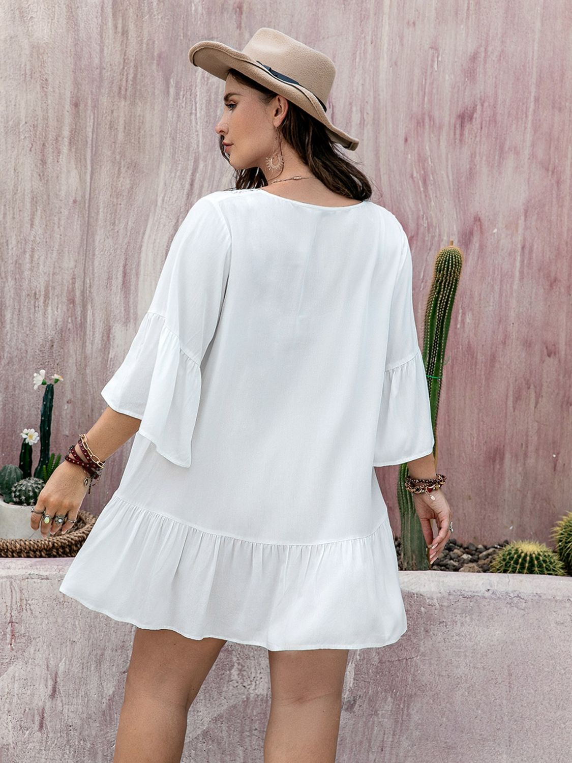 Plus Size White Lace Detail Tie Neck Mini Dress