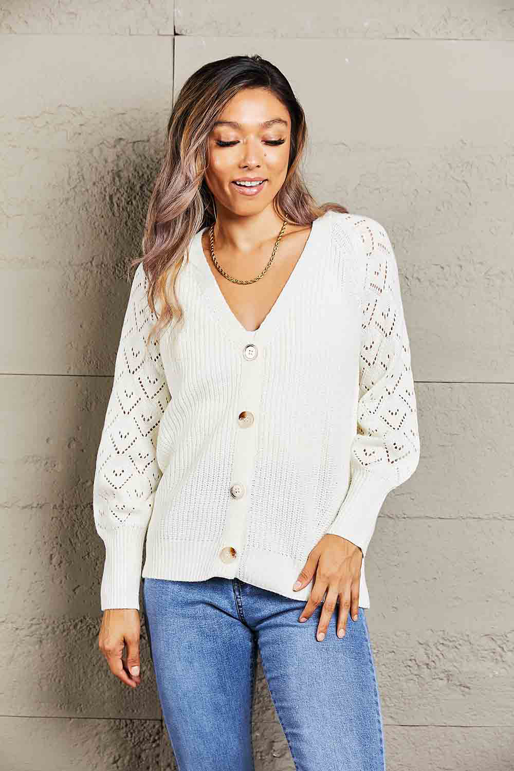 V-Neck Crochet Sleeve Button Front Cardigan