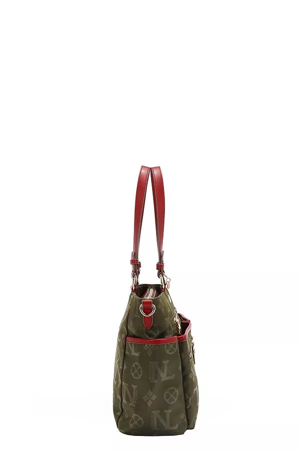 Green handbag with red accents on a white background