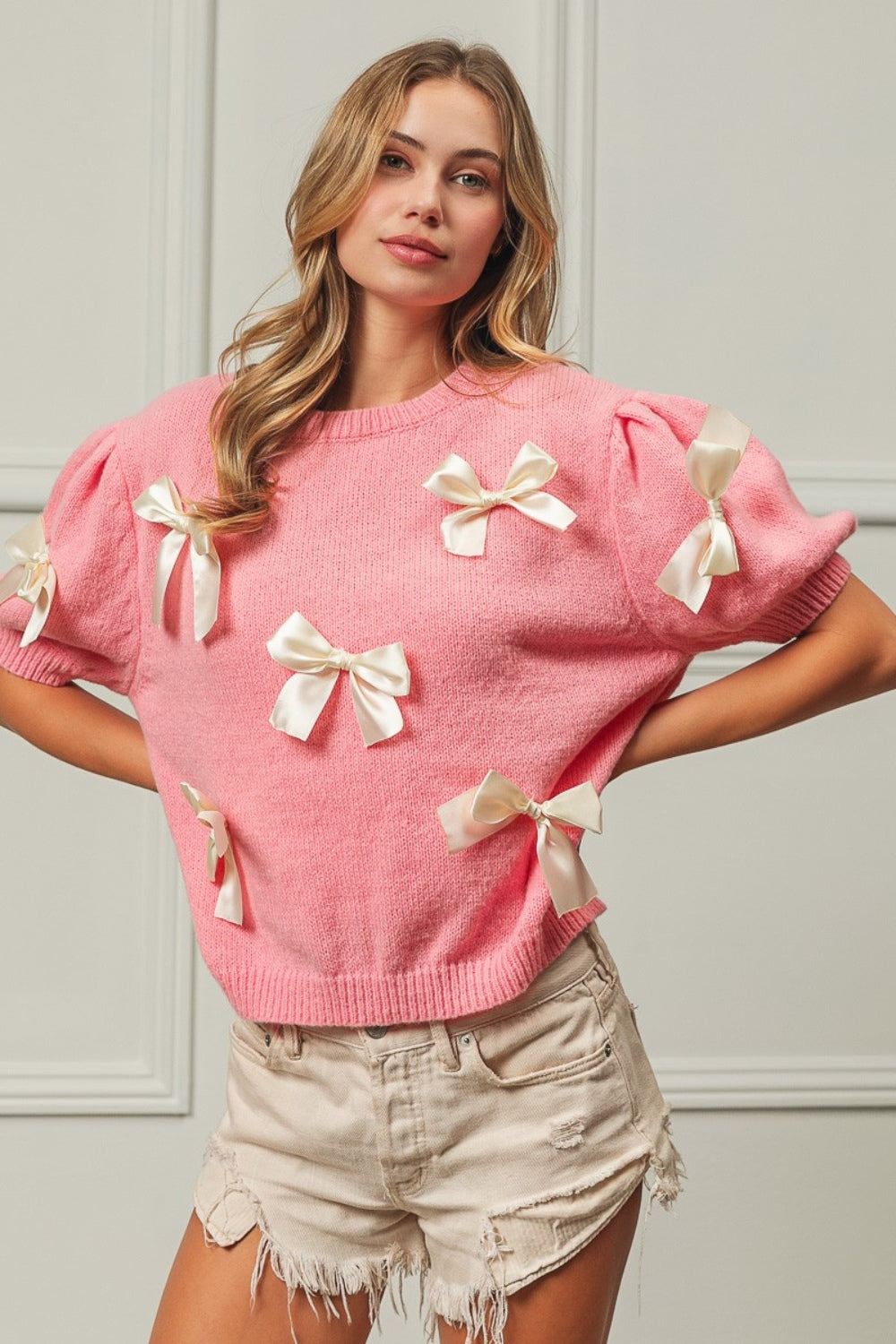 Bow Detail Puff Sleeve Sweater in Pink Ivory