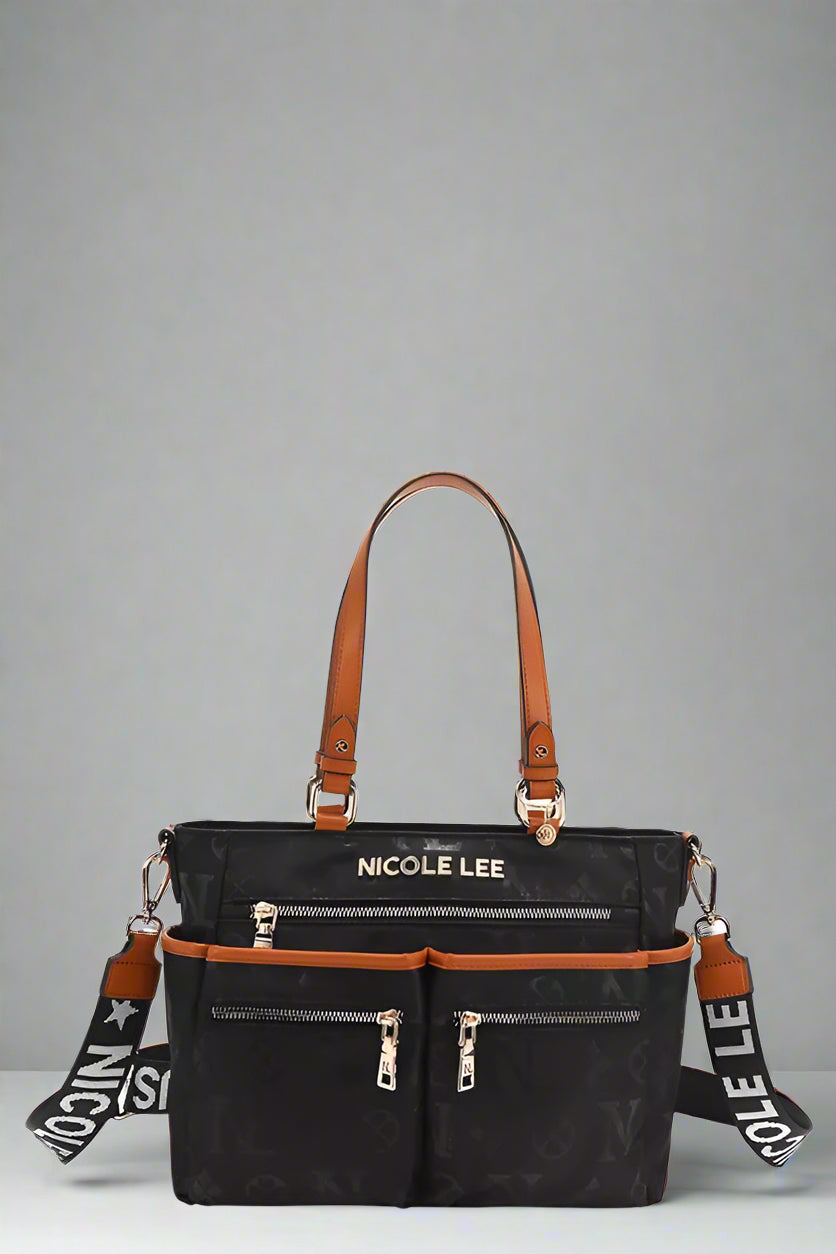 Black handbag with brown accents and 'Nicole Lee' branding on a white background