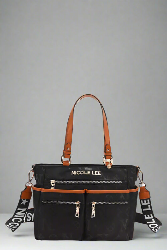 Black handbag with brown accents and 'Nicole Lee' branding on a white background