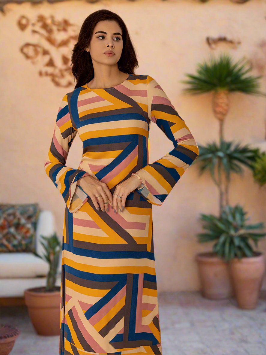 Multicolor Geometric Flare Sleeve Midi Dress