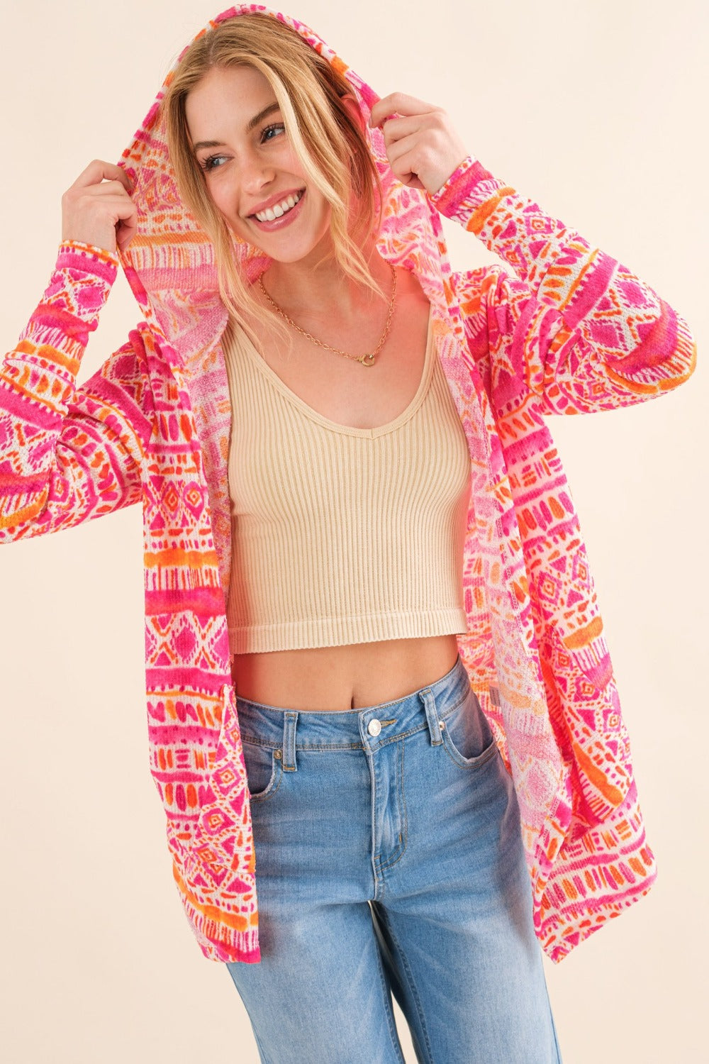 Printed Thermal Hooded Open Front Cardigan in Coral