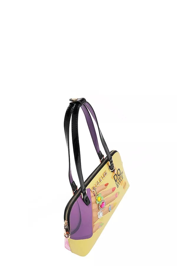 Colorful handbag with a black strap on a white background