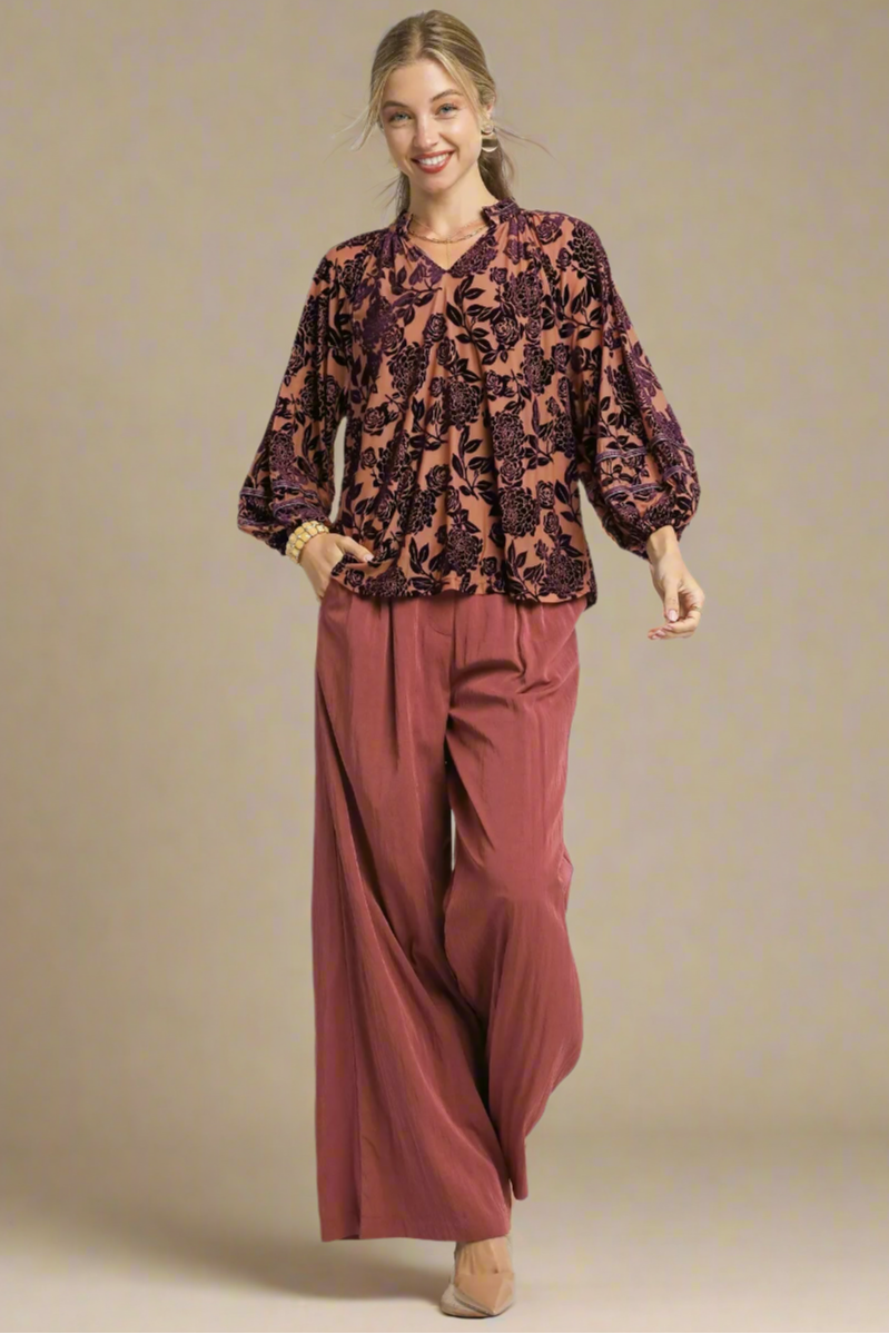 Rust Velvet Floral Print Top