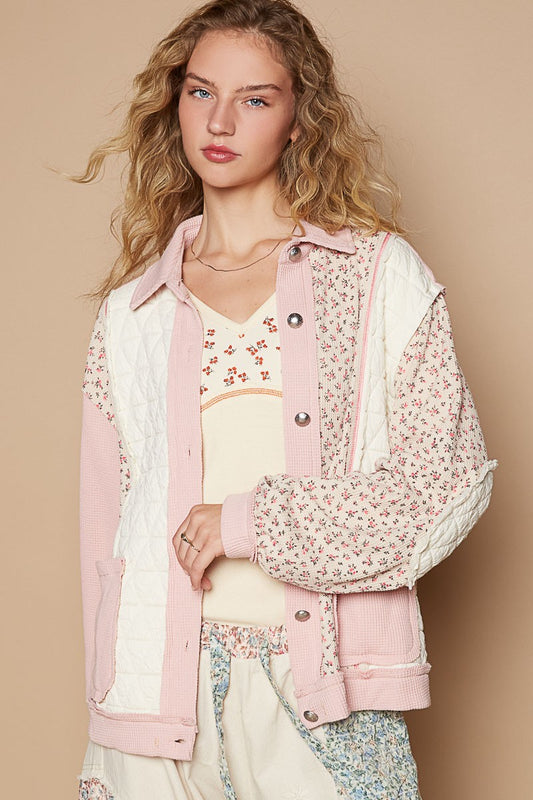 Pink Floral Button Up Quilted Jacket