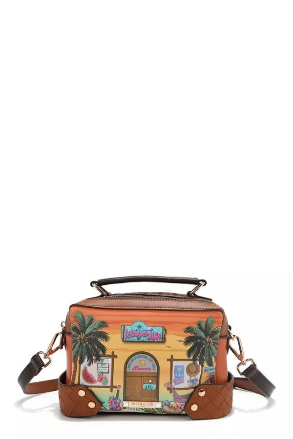 Handbag with palm tree design and colorful graphics on a white background