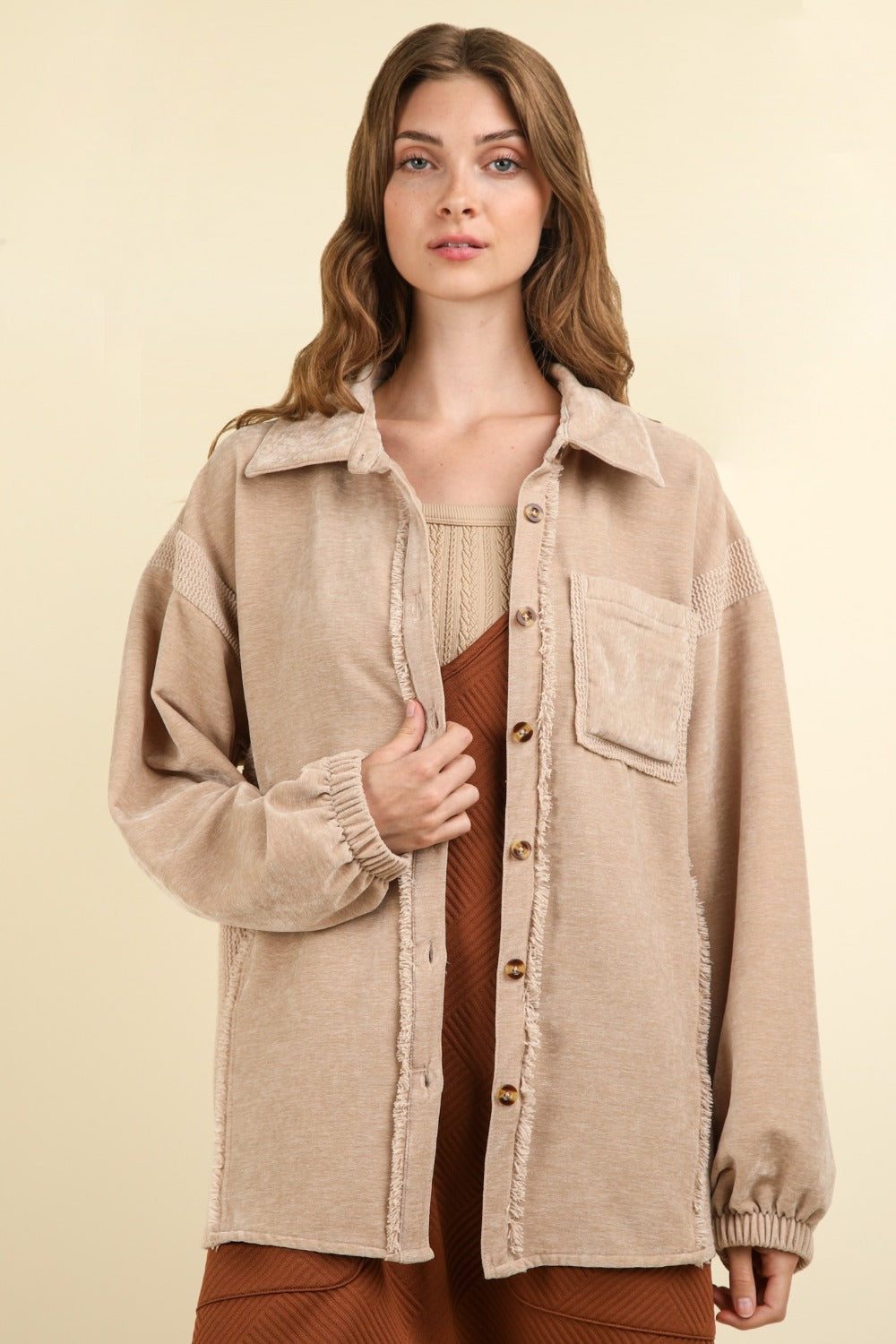 Mixed Media Button Down Raw Hem Shacket in Taupe