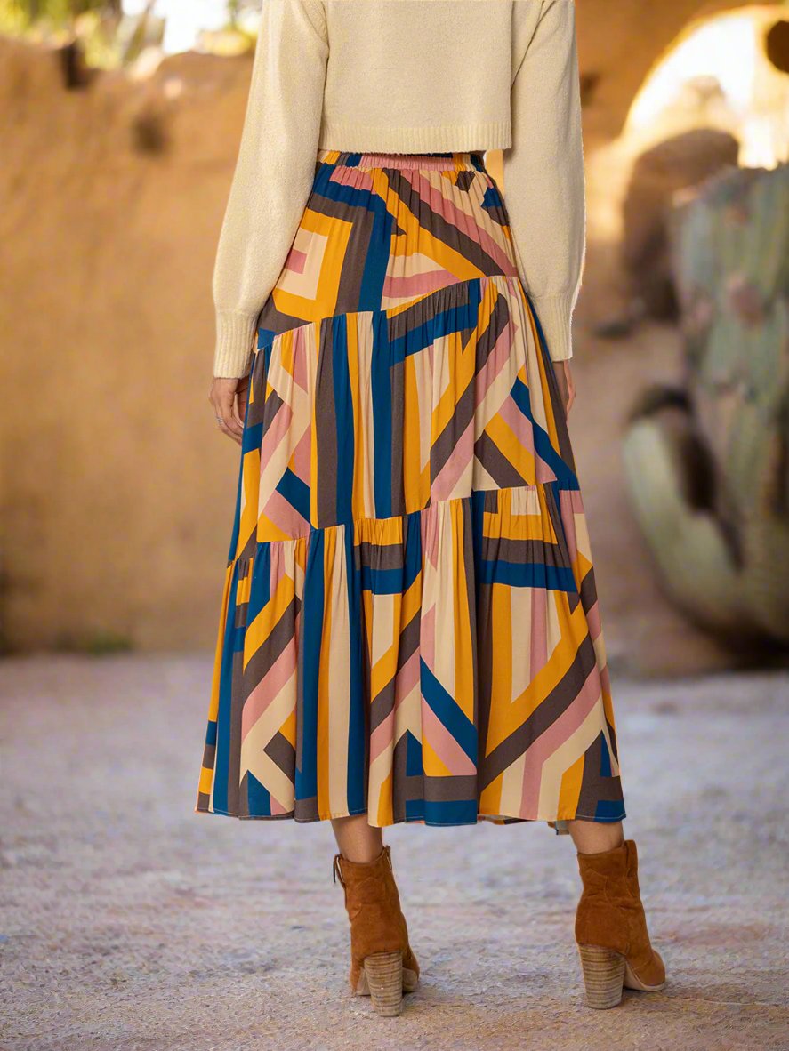 Multicolor Geometric Elastic Waist Midi Skirt