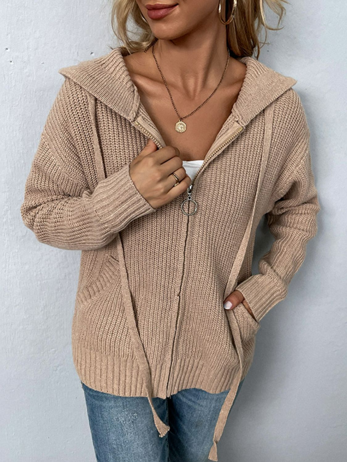 Rib Knit Zip-Up Hooded Cardigan